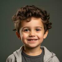 ritratto di un' carino poco ragazzo con Riccio capelli su grigio sfondo generativo ai foto