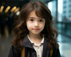 ritratto di un' carino poco ragazza a il aeroporto generativo ai foto