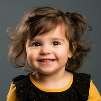 ritratto di un' carino poco ragazza con Riccio capelli su un' grigio sfondo generativo ai foto