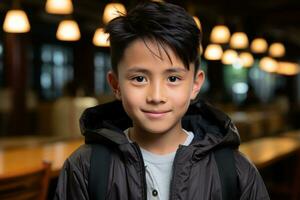 ritratto di un' giovane asiatico ragazzo indossare un' nero giacca e guardare a il telecamera generativo ai foto