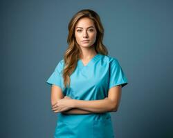 ritratto di un' giovane femmina infermiera nel blu scrub azione foto generativo ai