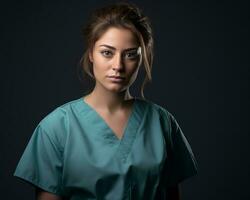 ritratto di un' giovane femmina infermiera isolato su nero sfondo azione foto generativo ai