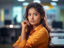ritratto di un' giovane indiano donna nel un ufficio azione foto generativo ai