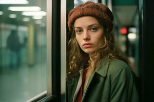 ritratto di un' giovane donna su un' metropolitana treno guardare su il finestra generativo ai foto