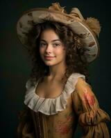 ritratto di un' giovane donna indossare un vecchio stile vestito e cappello generativo ai foto