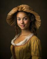 ritratto di un' giovane donna indossare un' giallo vestito e cappello generativo ai foto