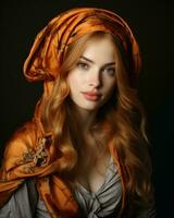 ritratto di bellissimo rosso dai capelli ragazza con arancia sciarpa su nero sfondo generativo ai foto