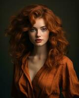 ritratto di bellissimo testa Rossa donna con Riccio capelli su buio sfondo generativo ai foto