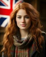rosso dai capelli donna con Britannico bandiera nel sfondo generativo ai foto