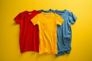 tre colorato t - camicie su un' giallo sfondo generativo ai foto