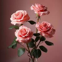 tre rosa Rose nel un' vaso su un' rosa sfondo generativo ai foto