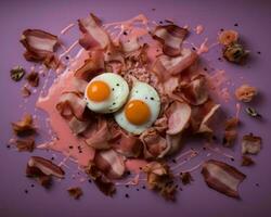 Due uova e Bacon su un' viola sfondo generativo ai foto