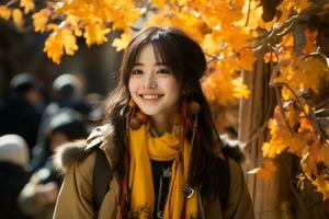 giovane asiatico donna sorridente nel davanti di autunno le foglie generativo ai foto