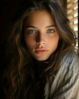 un' bellissimo giovane donna con lungo ondulato capelli e blu occhi generativo ai foto