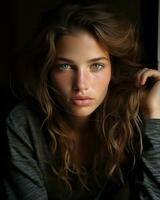 un' bellissimo giovane donna con lungo ondulato capelli e blu occhi generativo ai foto