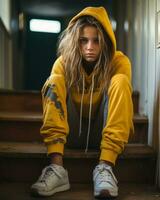 un' ragazza nel un' giallo felpa con cappuccio seduta su il le scale generativo ai foto
