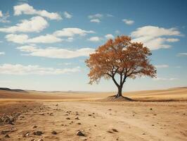 un' solitario albero sta nel il mezzo di un vuoto campo generativo ai foto