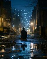 un' uomo seduta su il terra nel il mezzo di un' città strada a notte generativo ai foto