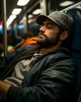 un' uomo addormentato su un' treno generativo ai foto