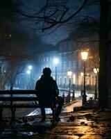 un' persona seduta su un' parco panchina a notte generativo ai foto