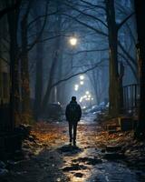 un' persona a piedi giù un' sentiero nel il mezzo di il notte generativo ai foto