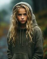 un' giovane ragazza nel un' felpa con cappuccio in piedi nel il boschi generativo ai foto
