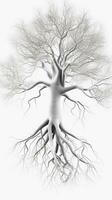 un' nero e bianca foto di un' albero con suo radici esposto. generativo ai.