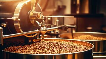 caffè torrefattore, aromatico caffè fagioli situazione nel moderno attrezzatura con grano refrigeratore. caffè fagiolo roaster macchina. industria concetto. generativo ai foto