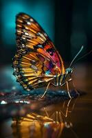 brillantemente colorato farfalla seduta su un' brillante superficie con suo Ali differenza. generativo ai. foto