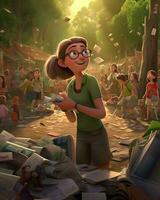 cartone animato illustrazione di un' donna in piedi nel un' affollato parco con molte di libri. generativo ai. foto