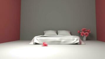Là è un' letto con un' bianca foglio e un' rosa fiore. generativo ai. foto