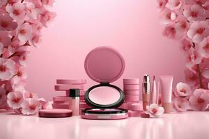 arafed rosa cosmetici prodotti con ciliegia fiori su un' rosa sfondo. generativo ai. foto