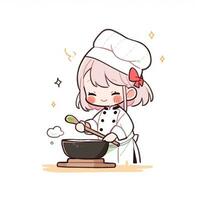 cartone animato ragazza cucinando nel un' cucina con un' grande padella. generativo ai. foto