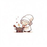 cartone animato di un' donna cucinando un' pentola con un' cucchiaio nel esso. generativo ai. foto