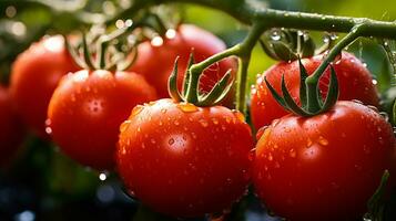 pomodori su il vite con acqua goccioline su loro. generativo ai. foto