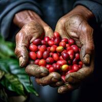 agricoltura raccolta caffè frutti di bosco, agricoltori mano raccolta arabica caffè frutti di bosco o robusta frutti di bosco di il mani. Vietnam. generativo ai foto