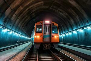 moderno elettrico treno nel metropolitana tunnel. treno tecnologiae mezzi di trasporto concetto. generativo ai foto