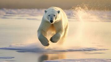 un' polare orso in esecuzione su Ghiaccio. generativo ai foto