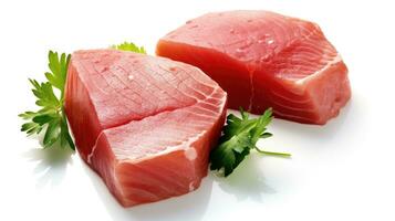 fresco tonno pesce filetto bistecche guarnito con prezzemolo isolato su bianca sfondo. generativo ai foto