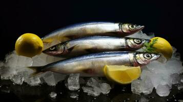sardine pesce su ghiaccio con Limone e verdura. sardina pesce. generativo ai foto