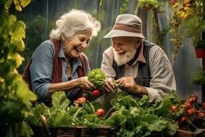 contento anziano coppia pensionato , giardinaggio , gratificante orologio impianti crescere, generativo ai foto