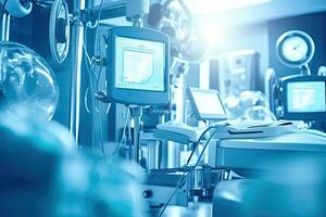 attrezzatura e medico dispositivi nel moderno operativo camera prendere con arte illuminazione e blu filtro ,generativo ai. foto