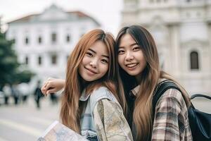 Asia gli amici, viaggio e turismo concetto. bellissimo ragazze guardare per direzione nel il città ,generativo ai foto