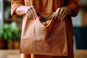 vicino su mani Tenere riutilizzabile tessuto shopping Borsa, eco-friendly stile di vita, generativo ai . foto