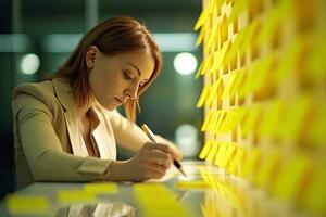 donna d'affari scrittura su adesivo Nota nel ufficio , generativo ai. foto