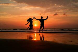 coppia salto su il spiaggia a tramonto, sagome di contento coppia nel amore ,generativo ai foto