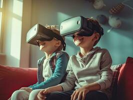 Due ragazzo indossare un' virtuale la realtà cuffia. vr occhiali per vetrina nel azione. generativo ai foto