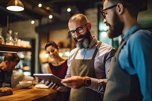 negozio proprietario treni dipendenti con un' tavoletta su digitale tavoletta mentre in piedi a bar ,generativo ai . foto