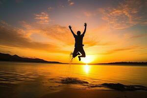 un' uomo salto su il spiaggia a tramonto, sagome di contento uomo su riuscito ,generativo ai foto