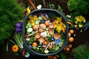 superiore Visualizza di compostaggio cibo rifiuto nel Giardino dietro la casa concime bidone giardino , generativo ai. foto
